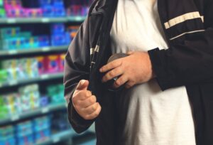 Retail Shoplifting. Man Stealing In Supermarket. Theft At Shop